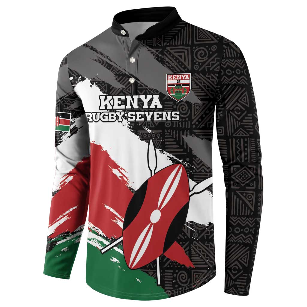 Custom Kenya Rugby Sevens Button Sweatshirt African Pattern - Grunge Style - Wonder Print Shop