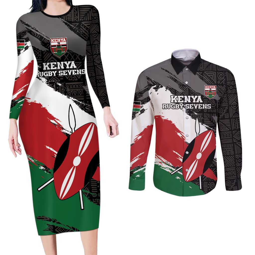 Custom Kenya Rugby Sevens Couples Matching Long Sleeve Bodycon Dress and Long Sleeve Button Shirt African Pattern - Grunge Style - Wonder Print Shop
