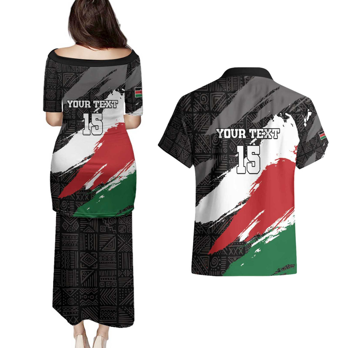 Custom Kenya Rugby Sevens Couples Matching Puletasi and Hawaiian Shirt African Pattern - Grunge Style - Wonder Print Shop