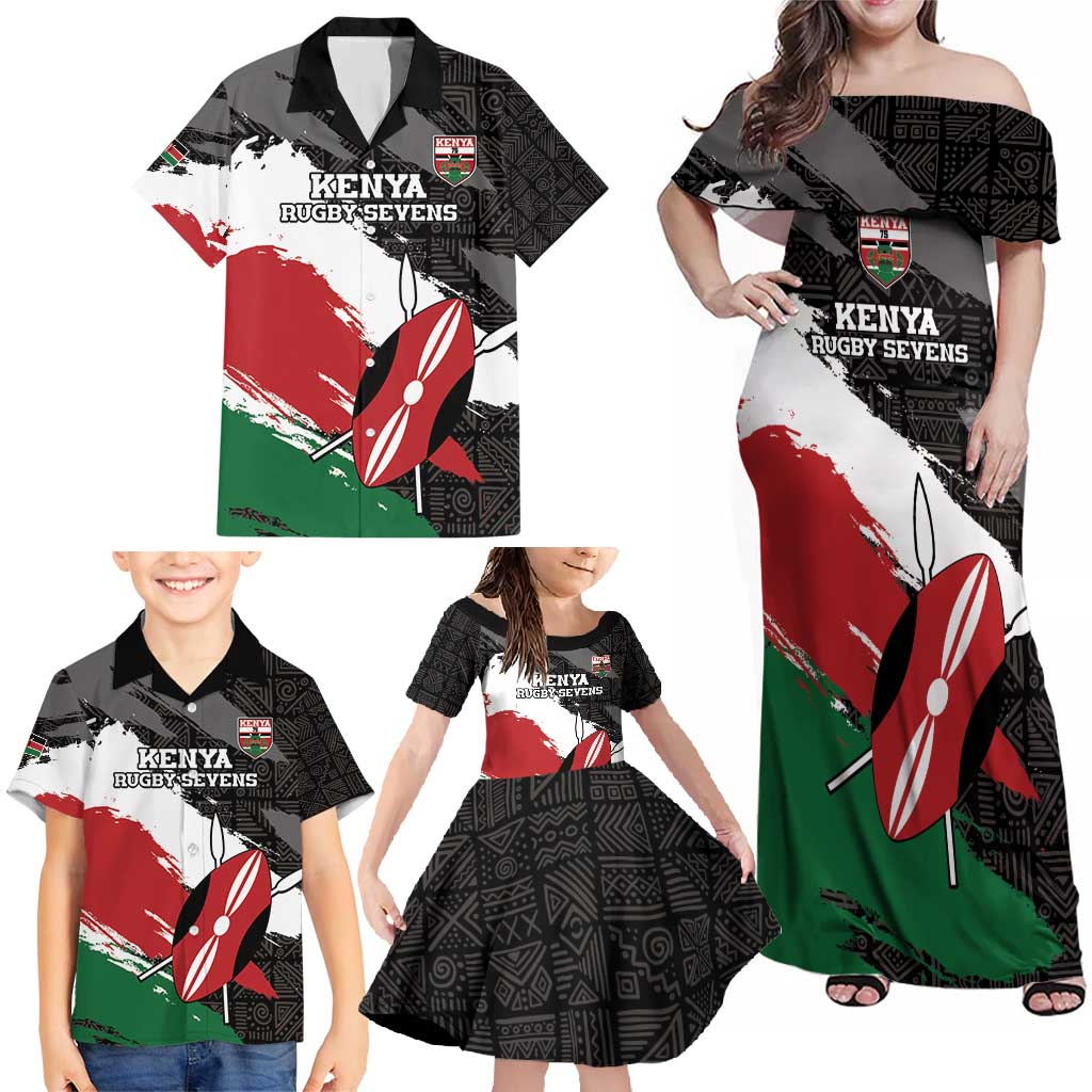 Custom Kenya Rugby Sevens Family Matching Off Shoulder Maxi Dress and Hawaiian Shirt African Pattern - Grunge Style - Wonder Print Shop