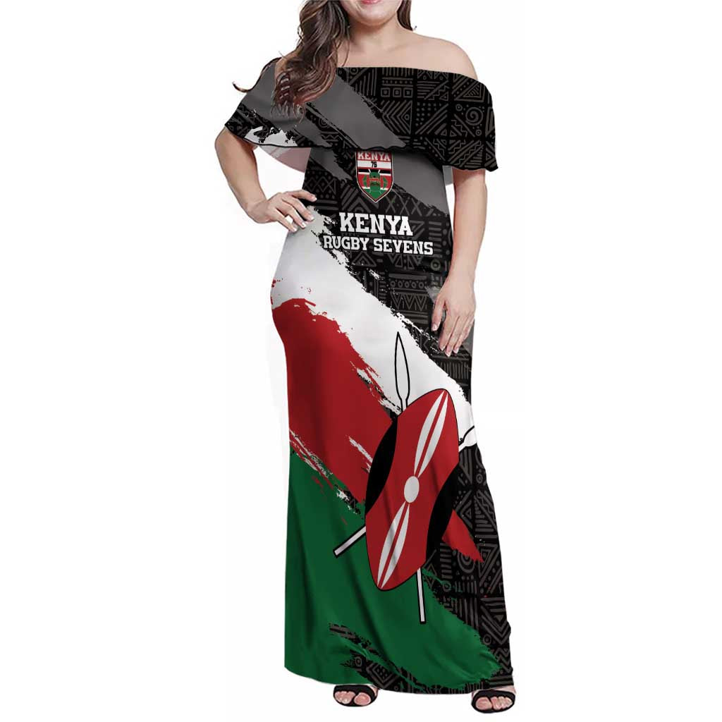 Custom Kenya Rugby Sevens Family Matching Off Shoulder Maxi Dress and Hawaiian Shirt African Pattern - Grunge Style - Wonder Print Shop