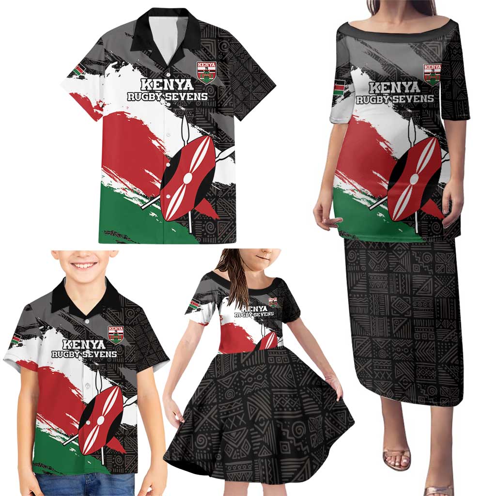 Custom Kenya Rugby Sevens Family Matching Puletasi and Hawaiian Shirt African Pattern - Grunge Style - Wonder Print Shop