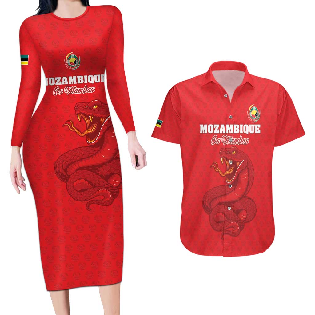 Custom Mozambique Football Couples Matching Long Sleeve Bodycon Dress and Hawaiian Shirt Come On Os Mambas - Wonder Print Shop