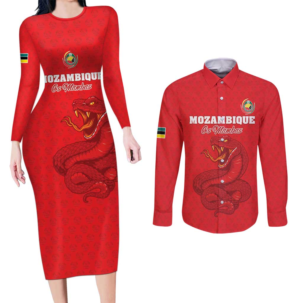 Custom Mozambique Football Couples Matching Long Sleeve Bodycon Dress and Long Sleeve Button Shirt Come On Os Mambas - Wonder Print Shop