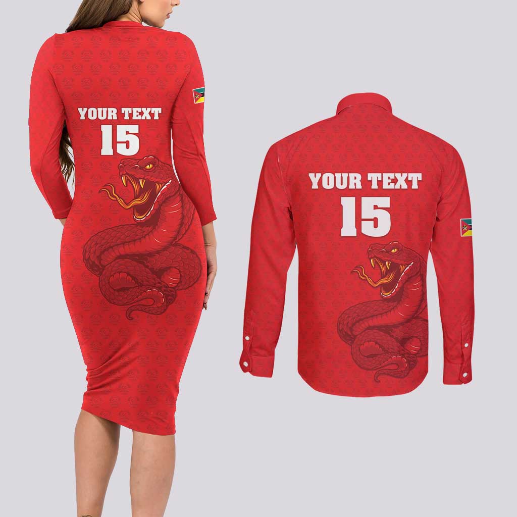 Custom Mozambique Football Couples Matching Long Sleeve Bodycon Dress and Long Sleeve Button Shirt Come On Os Mambas - Wonder Print Shop