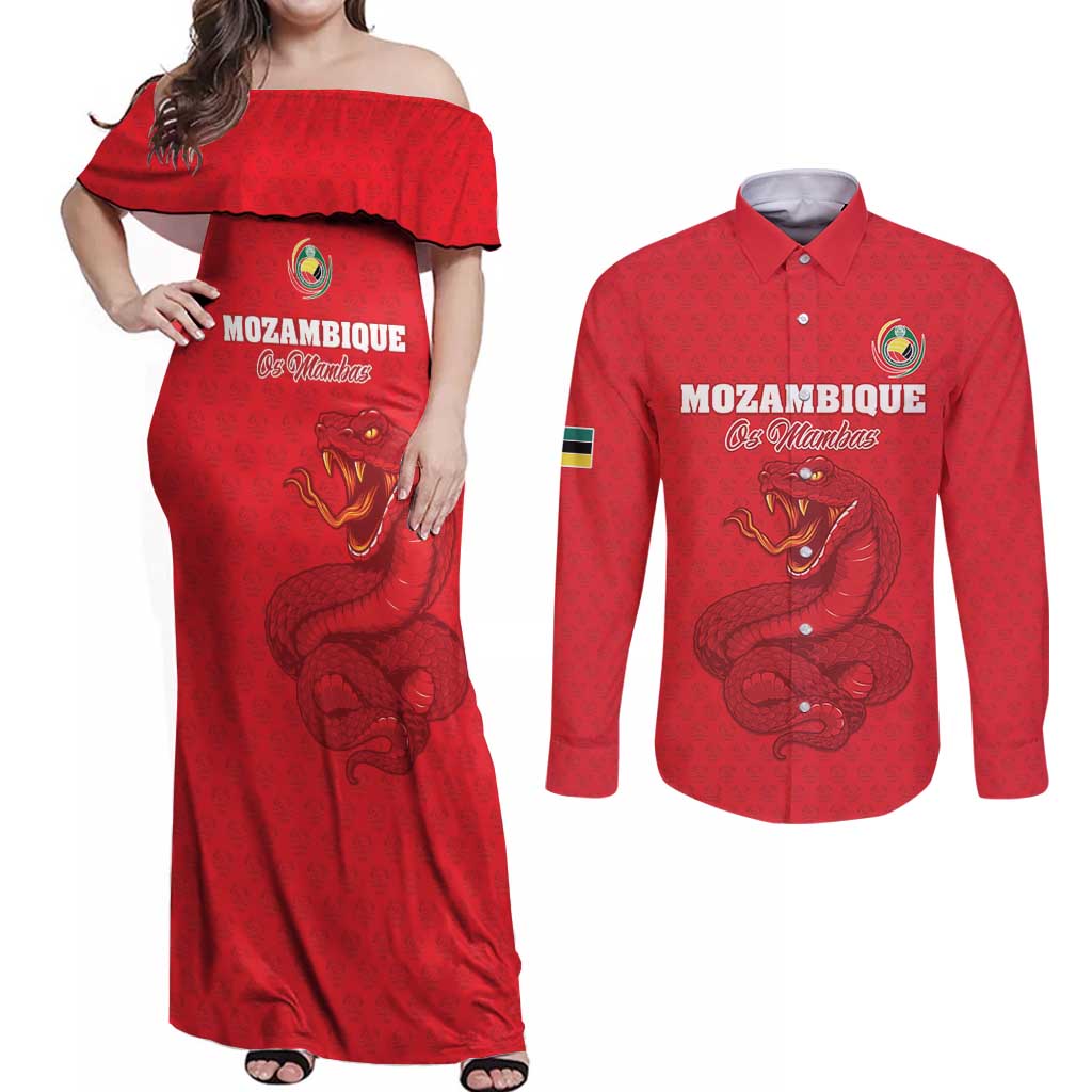 Custom Mozambique Football Couples Matching Off Shoulder Maxi Dress and Long Sleeve Button Shirt Come On Os Mambas - Wonder Print Shop