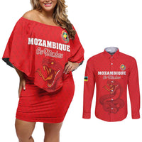Custom Mozambique Football Couples Matching Off Shoulder Short Dress and Long Sleeve Button Shirt Come On Os Mambas - Wonder Print Shop