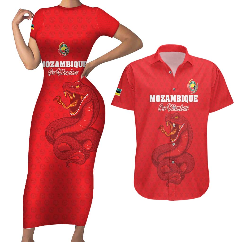 Custom Mozambique Football Couples Matching Short Sleeve Bodycon Dress and Hawaiian Shirt Come On Os Mambas - Wonder Print Shop