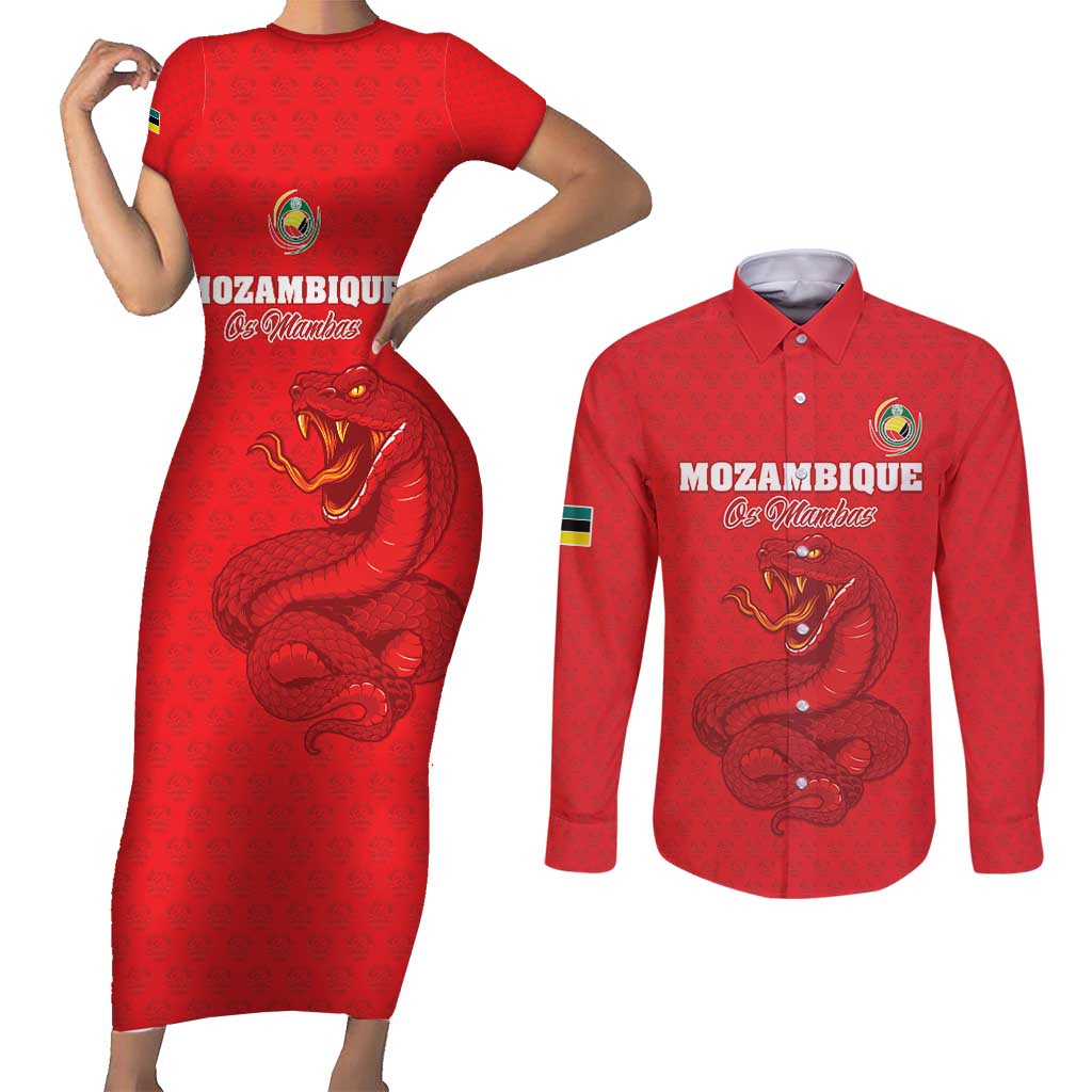 Custom Mozambique Football Couples Matching Short Sleeve Bodycon Dress and Long Sleeve Button Shirt Come On Os Mambas - Wonder Print Shop