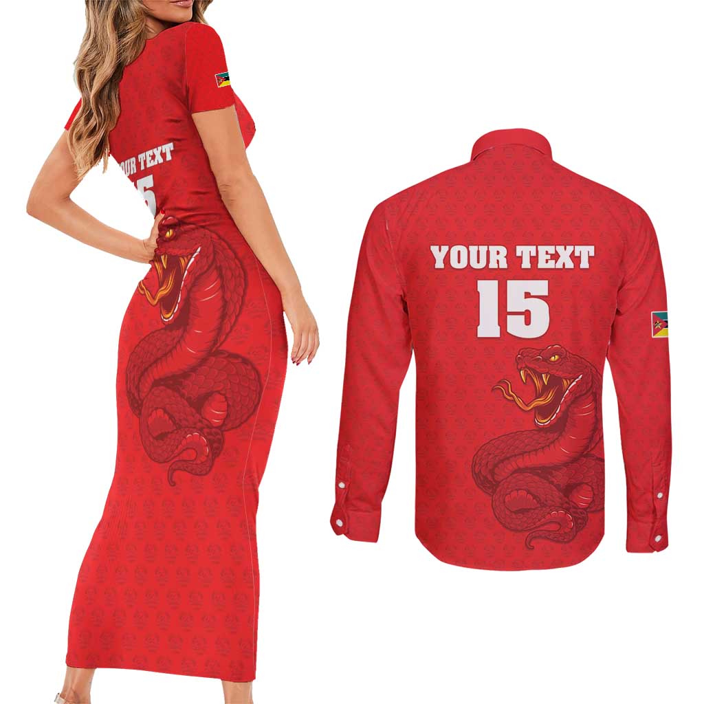 Custom Mozambique Football Couples Matching Short Sleeve Bodycon Dress and Long Sleeve Button Shirt Come On Os Mambas - Wonder Print Shop