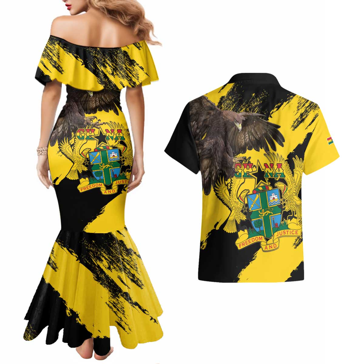 Ghana Eagle Couples Matching Mermaid Dress and Hawaiian Shirt Coat Of Arms - Grunge Style