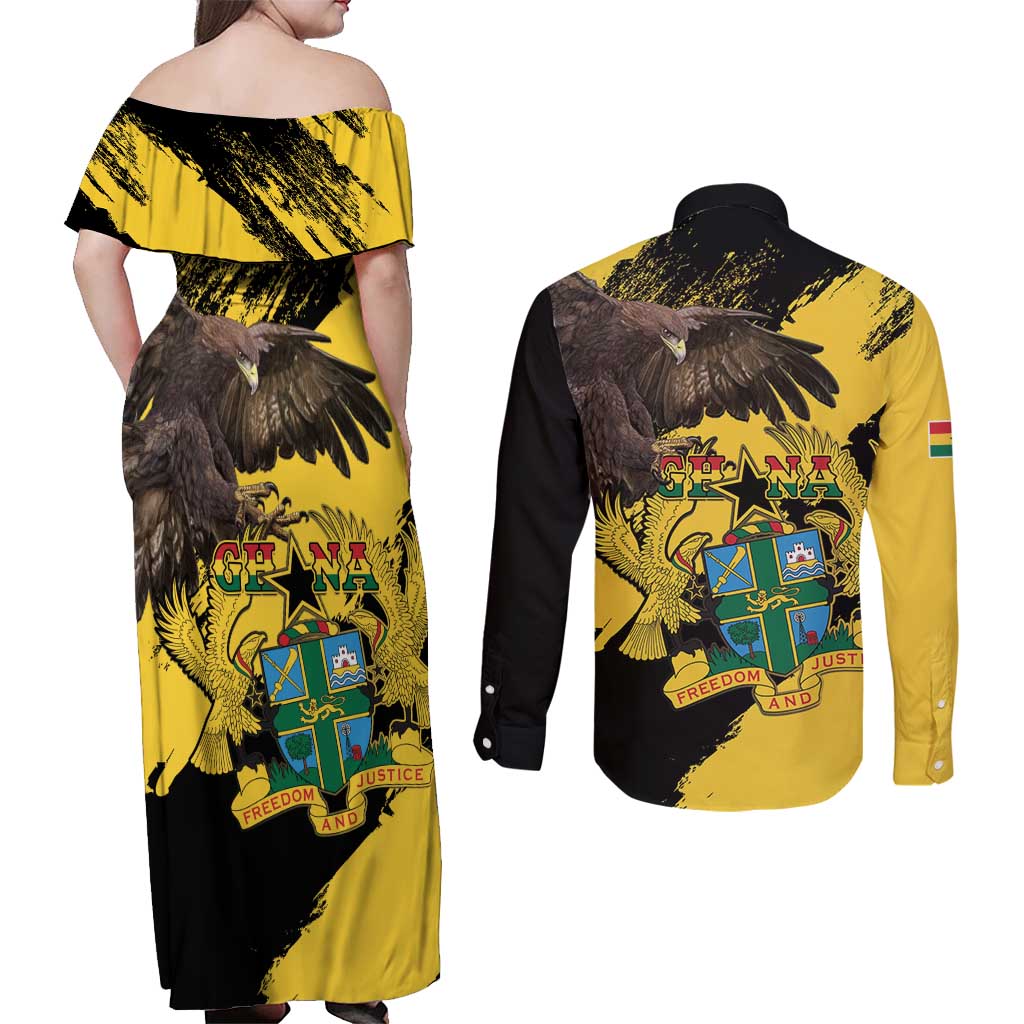 Ghana Eagle Couples Matching Off Shoulder Maxi Dress and Long Sleeve Button Shirt Coat Of Arms - Grunge Style