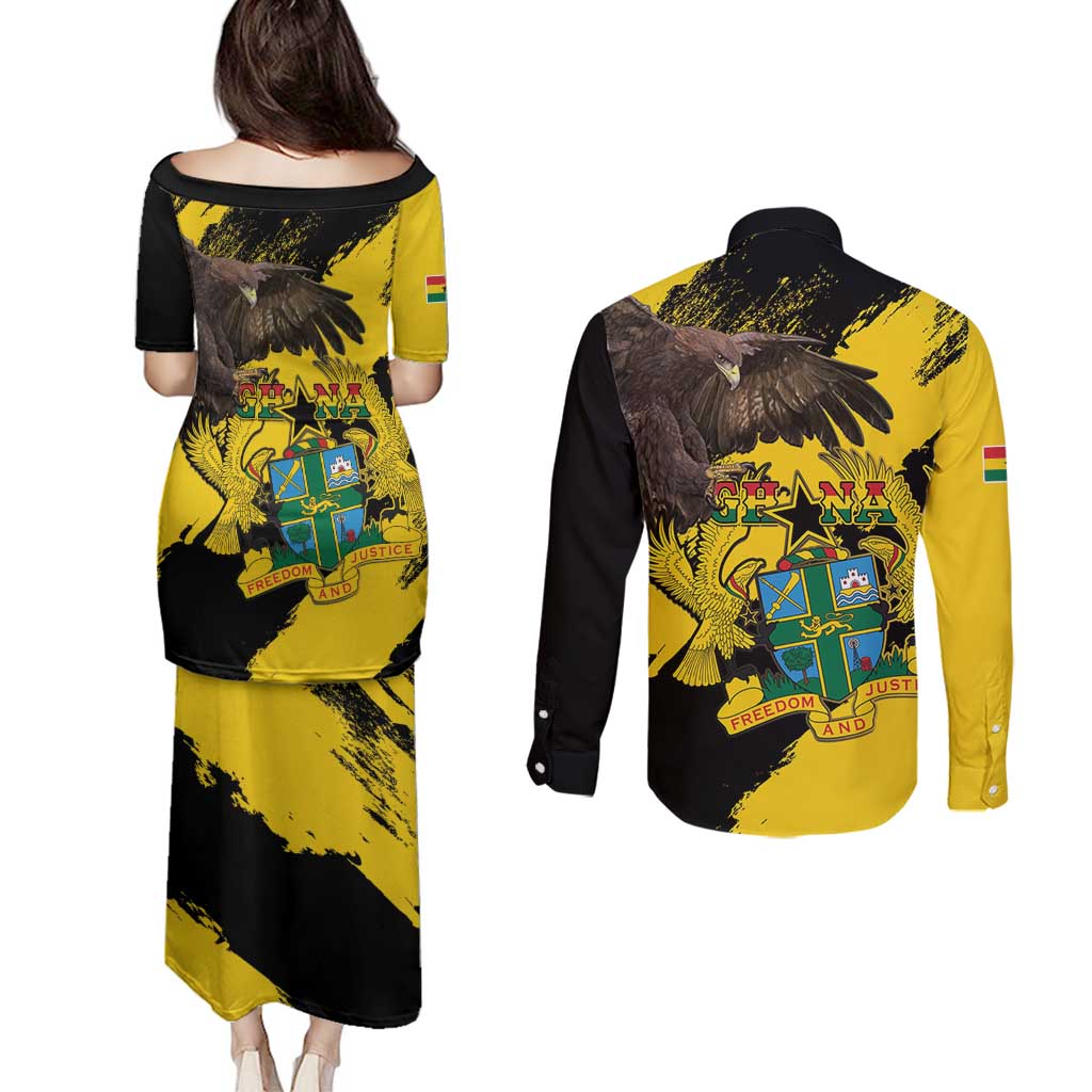 Ghana Eagle Couples Matching Puletasi and Long Sleeve Button Shirt Coat Of Arms - Grunge Style