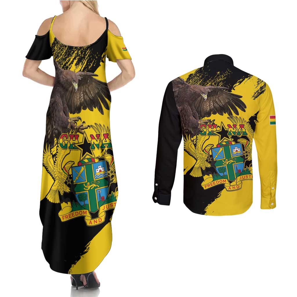 Ghana Eagle Couples Matching Summer Maxi Dress and Long Sleeve Button Shirt Coat Of Arms - Grunge Style