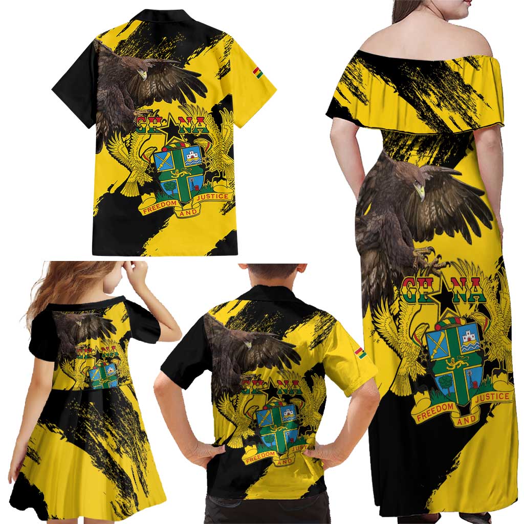 Ghana Eagle Family Matching Off Shoulder Maxi Dress and Hawaiian Shirt Coat Of Arms - Grunge Style