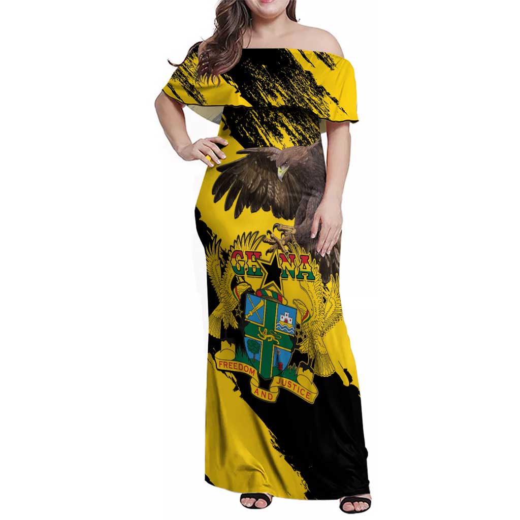 Ghana Eagle Family Matching Off Shoulder Maxi Dress and Hawaiian Shirt Coat Of Arms - Grunge Style