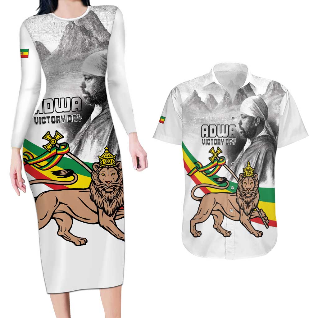 Adwa Victory Day Couples Matching Long Sleeve Bodycon Dress and Hawaiian Shirt Menelik II and Mount Soloda - Lion Of Judah