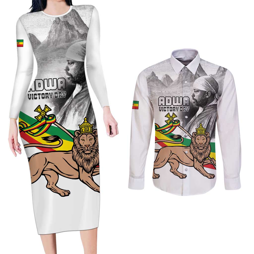Adwa Victory Day Couples Matching Long Sleeve Bodycon Dress and Long Sleeve Button Shirt Menelik II and Mount Soloda - Lion Of Judah