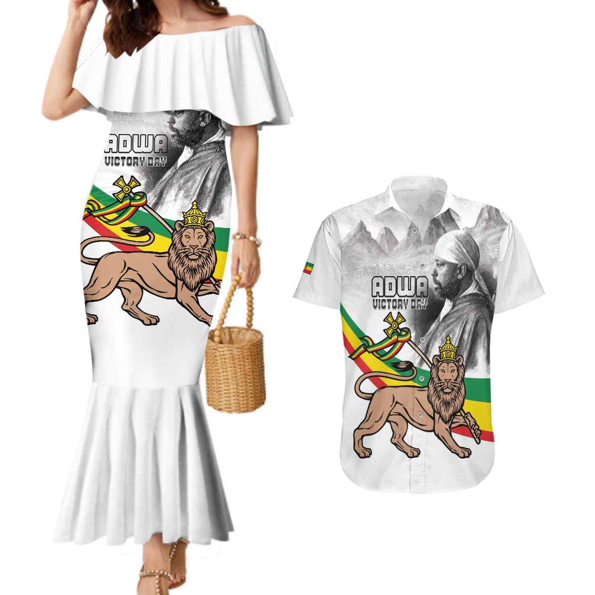 Adwa Victory Day Couples Matching Mermaid Dress and Hawaiian Shirt Menelik II and Mount Soloda - Lion Of Judah