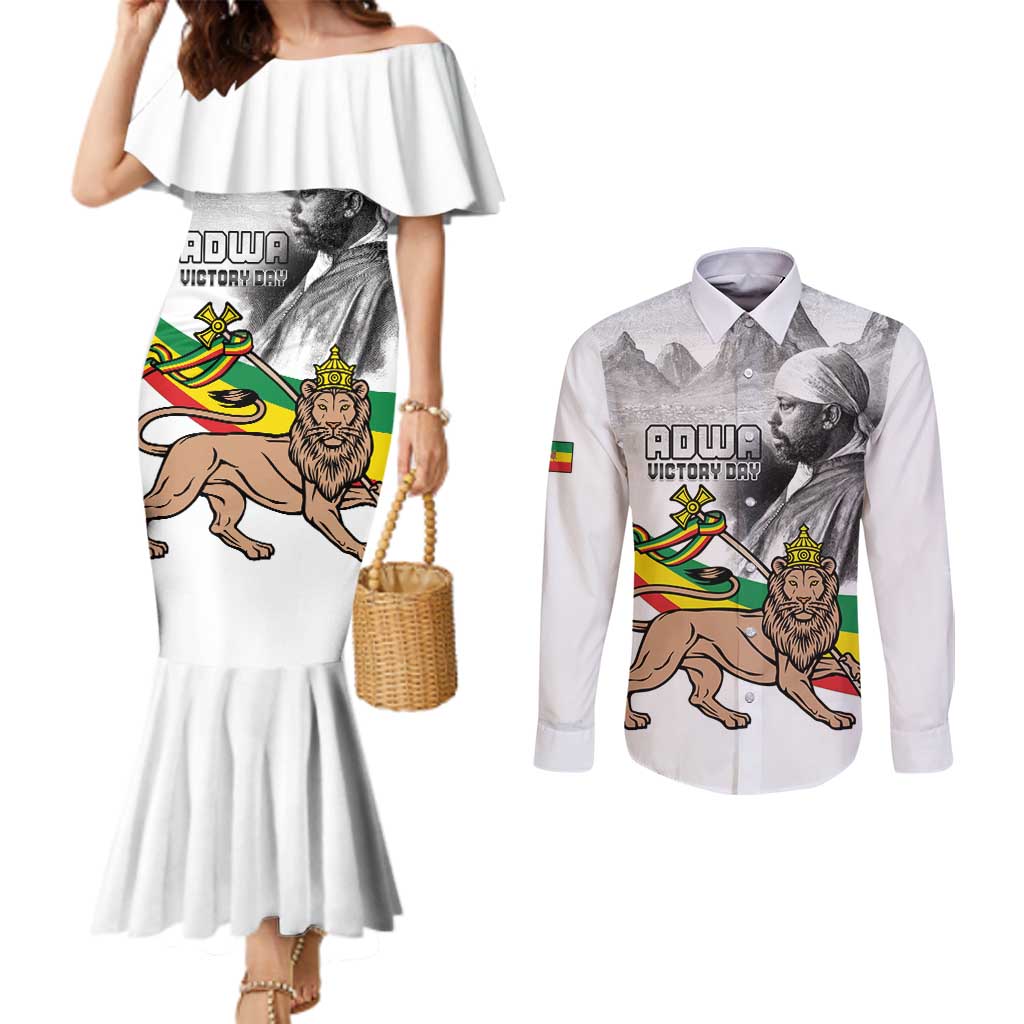 Adwa Victory Day Couples Matching Mermaid Dress and Long Sleeve Button Shirt Menelik II and Mount Soloda - Lion Of Judah