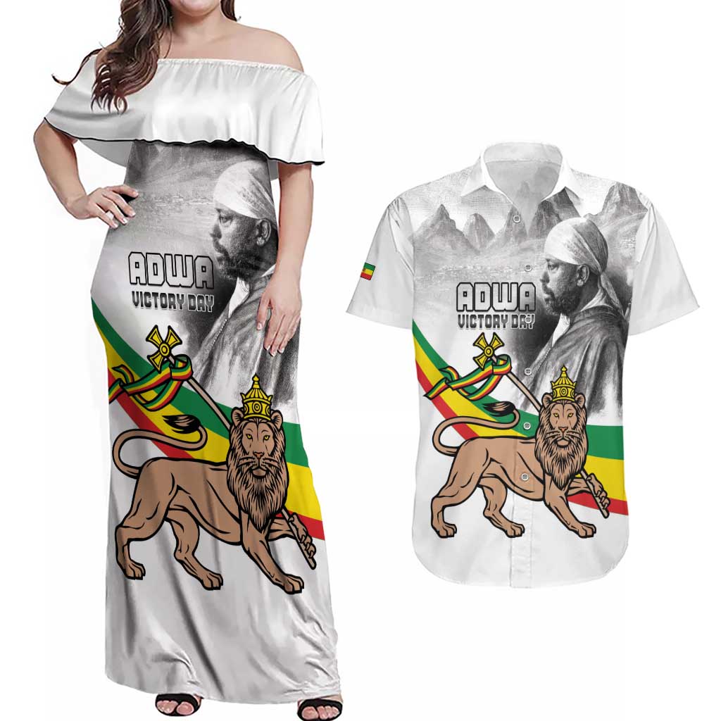 Adwa Victory Day Couples Matching Off Shoulder Maxi Dress and Hawaiian Shirt Menelik II and Mount Soloda - Lion Of Judah