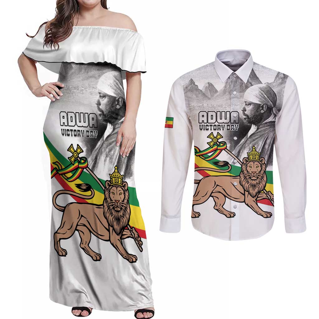 Adwa Victory Day Couples Matching Off Shoulder Maxi Dress and Long Sleeve Button Shirt Menelik II and Mount Soloda - Lion Of Judah