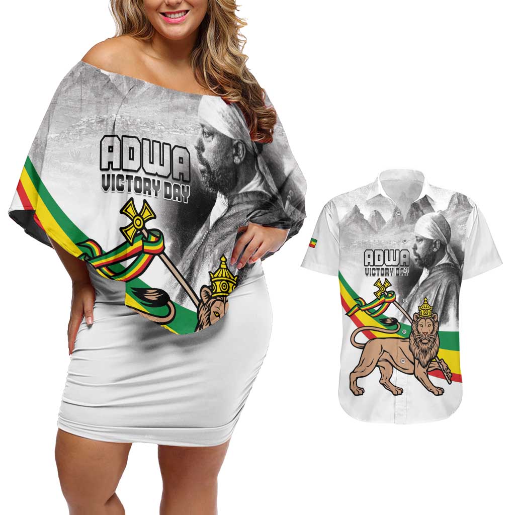 Adwa Victory Day Couples Matching Off Shoulder Short Dress and Hawaiian Shirt Menelik II and Mount Soloda - Lion Of Judah