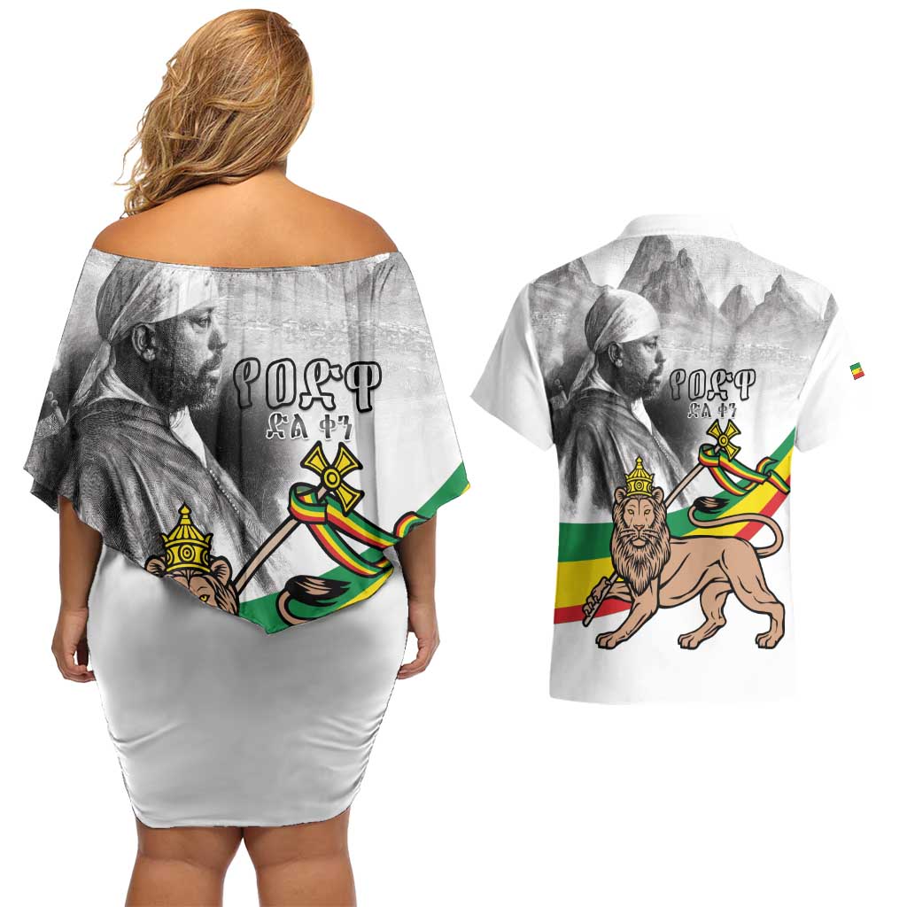 Adwa Victory Day Couples Matching Off Shoulder Short Dress and Hawaiian Shirt Menelik II and Mount Soloda - Lion Of Judah