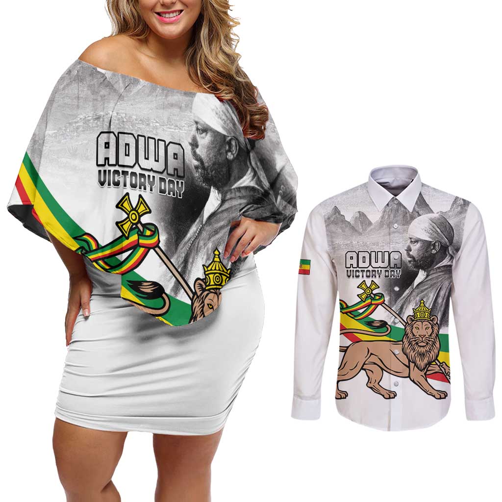 Adwa Victory Day Couples Matching Off Shoulder Short Dress and Long Sleeve Button Shirt Menelik II and Mount Soloda - Lion Of Judah