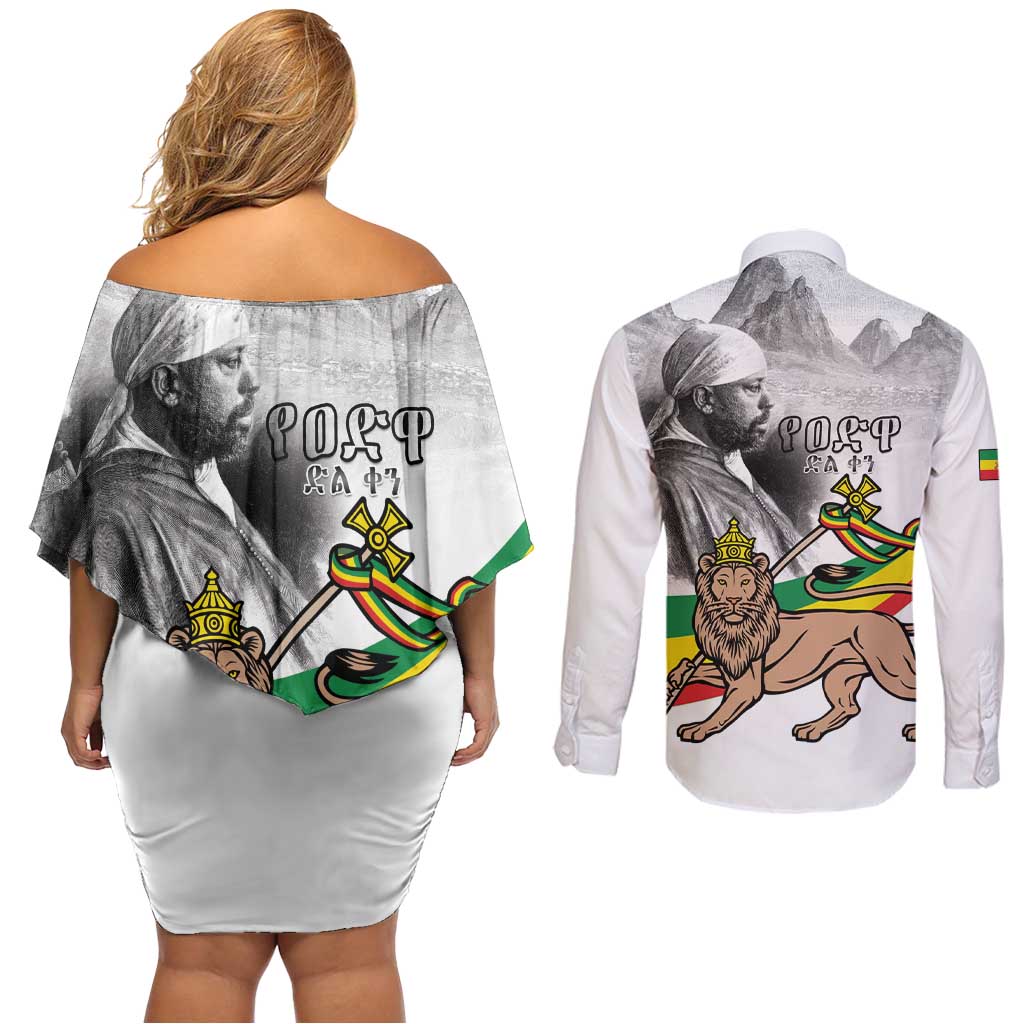 Adwa Victory Day Couples Matching Off Shoulder Short Dress and Long Sleeve Button Shirt Menelik II and Mount Soloda - Lion Of Judah