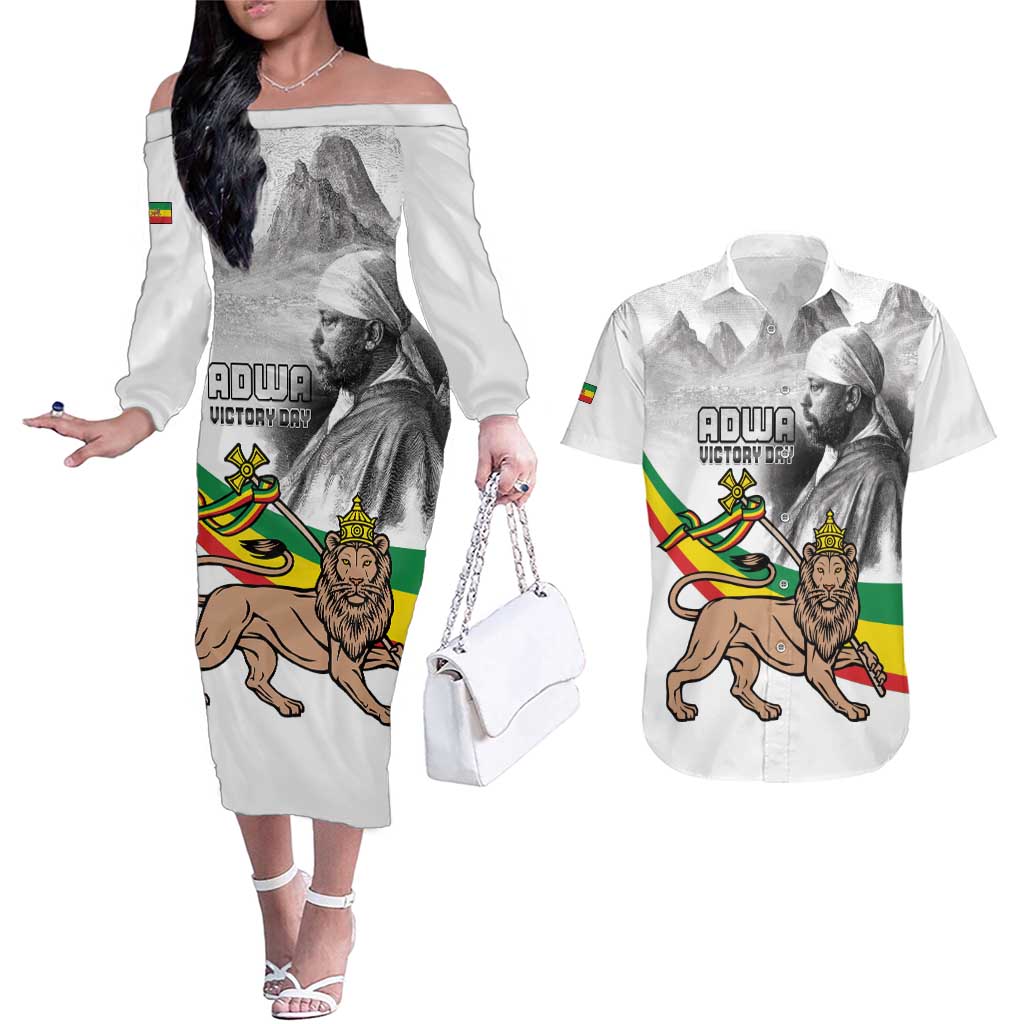 Adwa Victory Day Couples Matching Off The Shoulder Long Sleeve Dress and Hawaiian Shirt Menelik II and Mount Soloda - Lion Of Judah