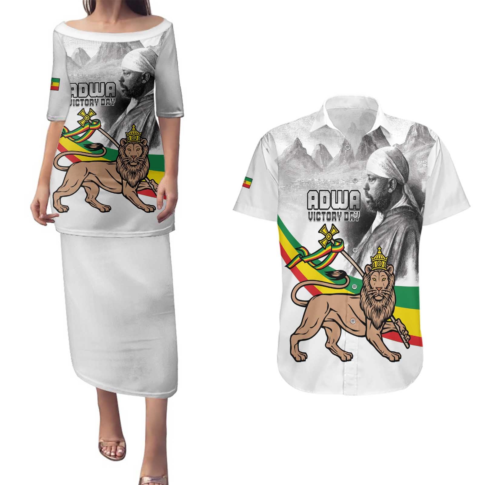 Adwa Victory Day Couples Matching Puletasi and Hawaiian Shirt Menelik II and Mount Soloda - Lion Of Judah