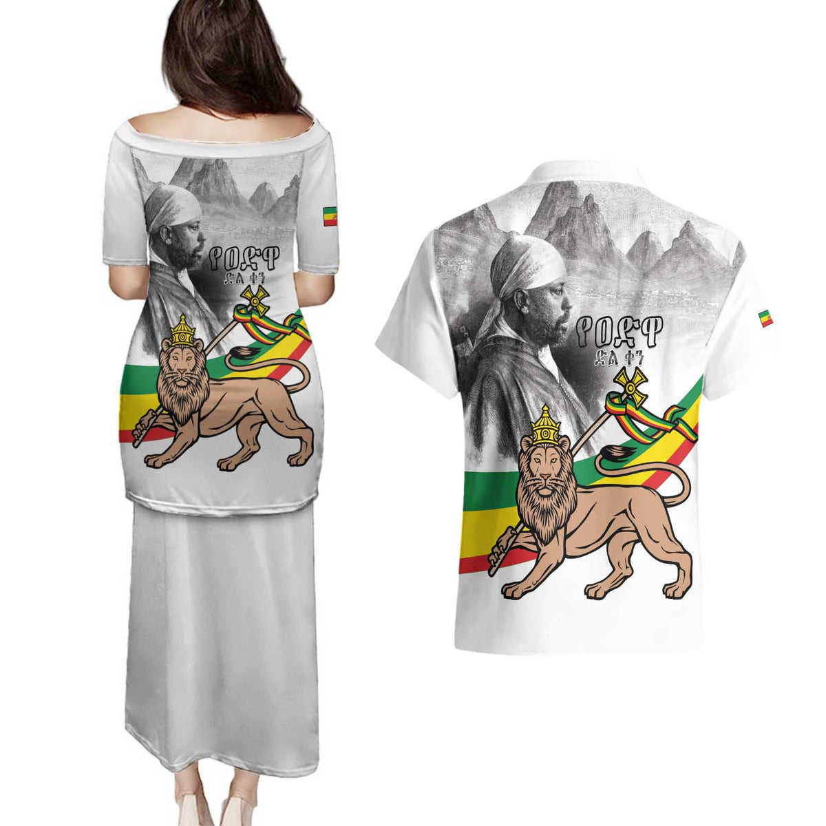 Adwa Victory Day Couples Matching Puletasi and Hawaiian Shirt Menelik II and Mount Soloda - Lion Of Judah