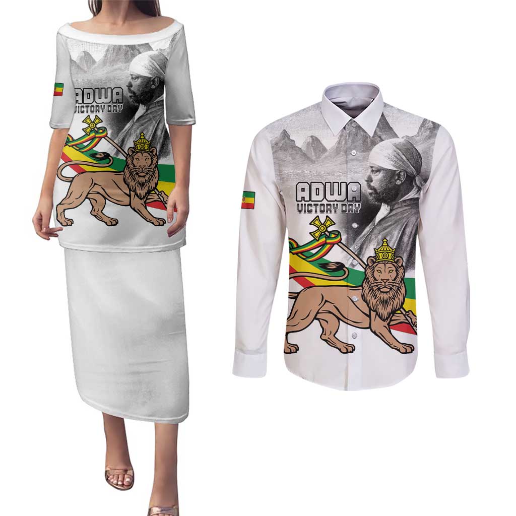 Adwa Victory Day Couples Matching Puletasi and Long Sleeve Button Shirt Menelik II and Mount Soloda - Lion Of Judah