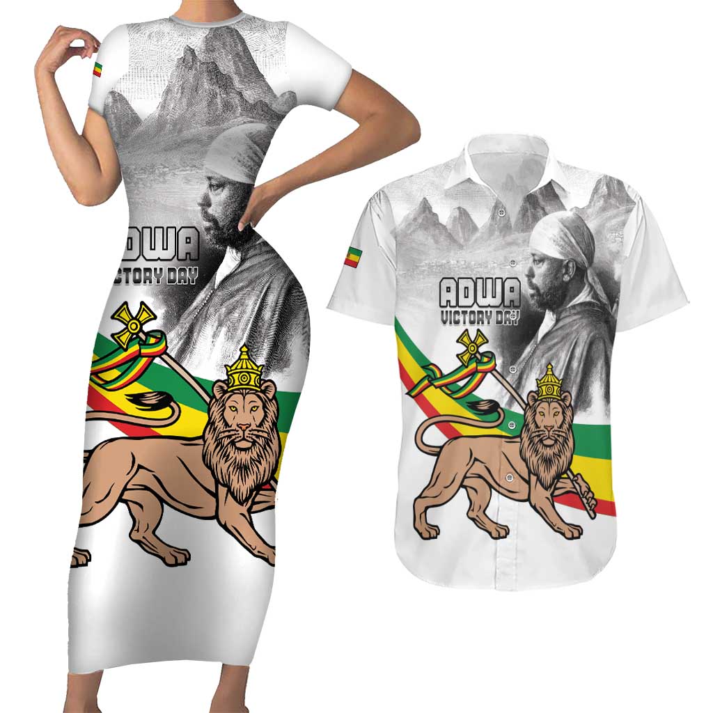 Adwa Victory Day Couples Matching Short Sleeve Bodycon Dress and Hawaiian Shirt Menelik II and Mount Soloda - Lion Of Judah