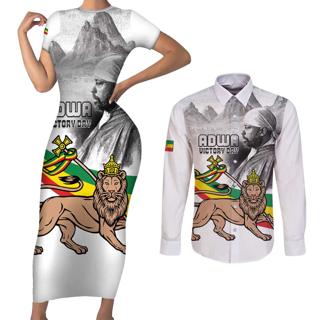 Adwa Victory Day Couples Matching Short Sleeve Bodycon Dress and Long Sleeve Button Shirt Menelik II and Mount Soloda - Lion Of Judah
