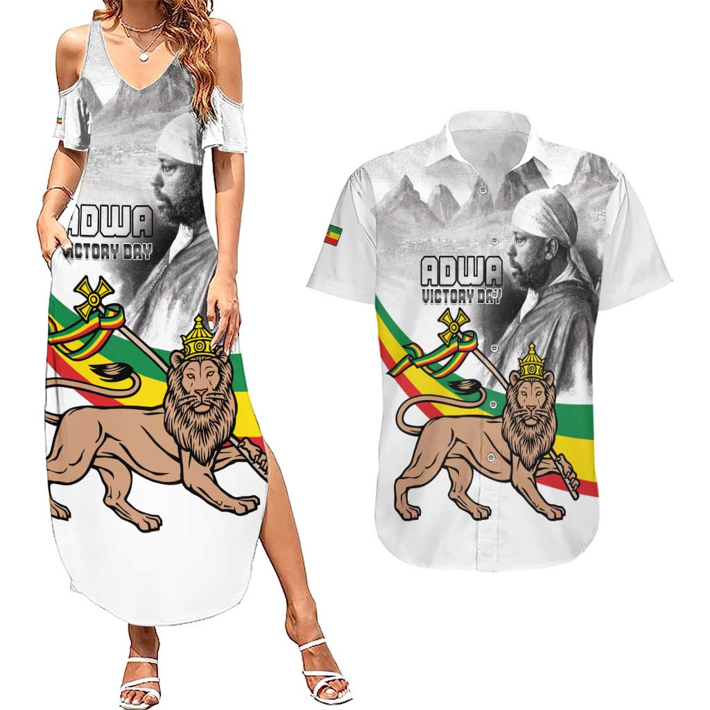 Adwa Victory Day Couples Matching Summer Maxi Dress and Hawaiian Shirt Menelik II and Mount Soloda - Lion Of Judah