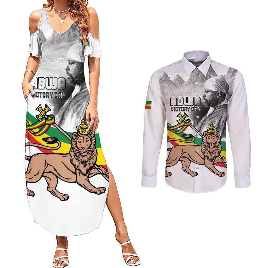 Adwa Victory Day Couples Matching Summer Maxi Dress and Long Sleeve Button Shirt Menelik II and Mount Soloda - Lion Of Judah