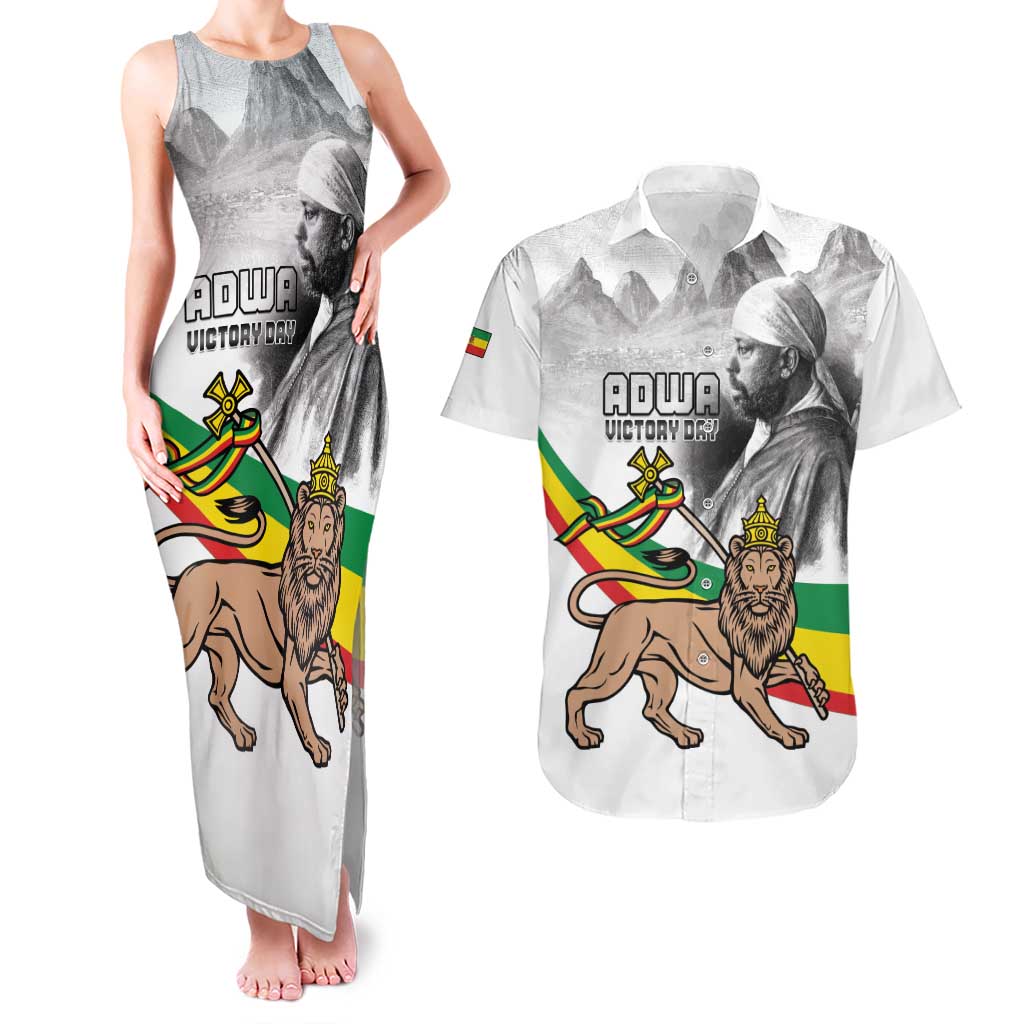 Adwa Victory Day Couples Matching Tank Maxi Dress and Hawaiian Shirt Menelik II and Mount Soloda - Lion Of Judah