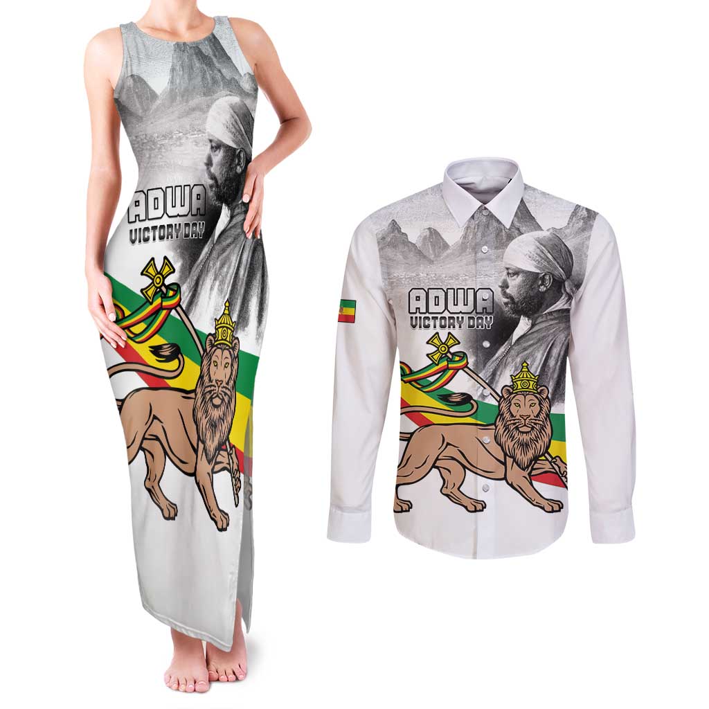 Adwa Victory Day Couples Matching Tank Maxi Dress and Long Sleeve Button Shirt Menelik II and Mount Soloda - Lion Of Judah