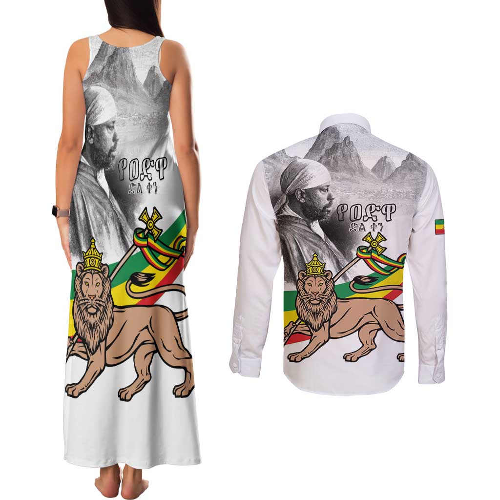 Adwa Victory Day Couples Matching Tank Maxi Dress and Long Sleeve Button Shirt Menelik II and Mount Soloda - Lion Of Judah