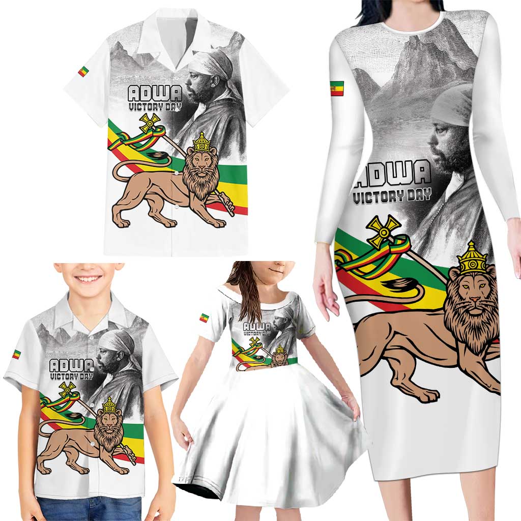 Adwa Victory Day Family Matching Long Sleeve Bodycon Dress and Hawaiian Shirt Menelik II and Mount Soloda - Lion Of Judah