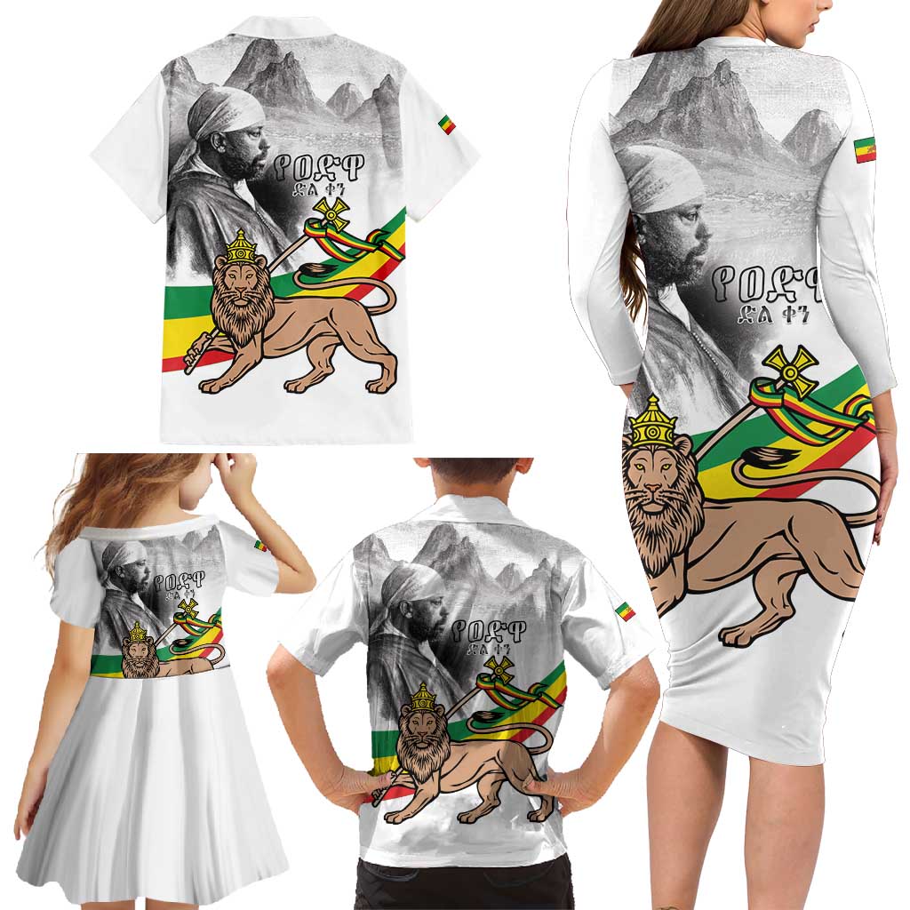 Adwa Victory Day Family Matching Long Sleeve Bodycon Dress and Hawaiian Shirt Menelik II and Mount Soloda - Lion Of Judah