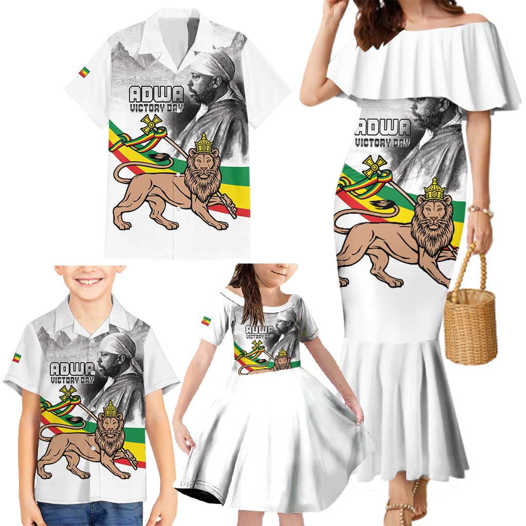 Adwa Victory Day Family Matching Mermaid Dress and Hawaiian Shirt Menelik II and Mount Soloda - Lion Of Judah