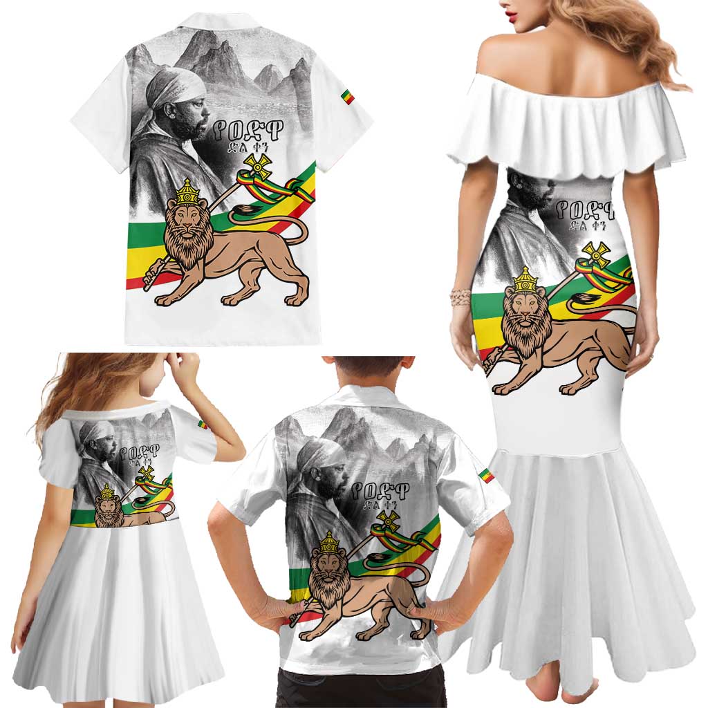 Adwa Victory Day Family Matching Mermaid Dress and Hawaiian Shirt Menelik II and Mount Soloda - Lion Of Judah