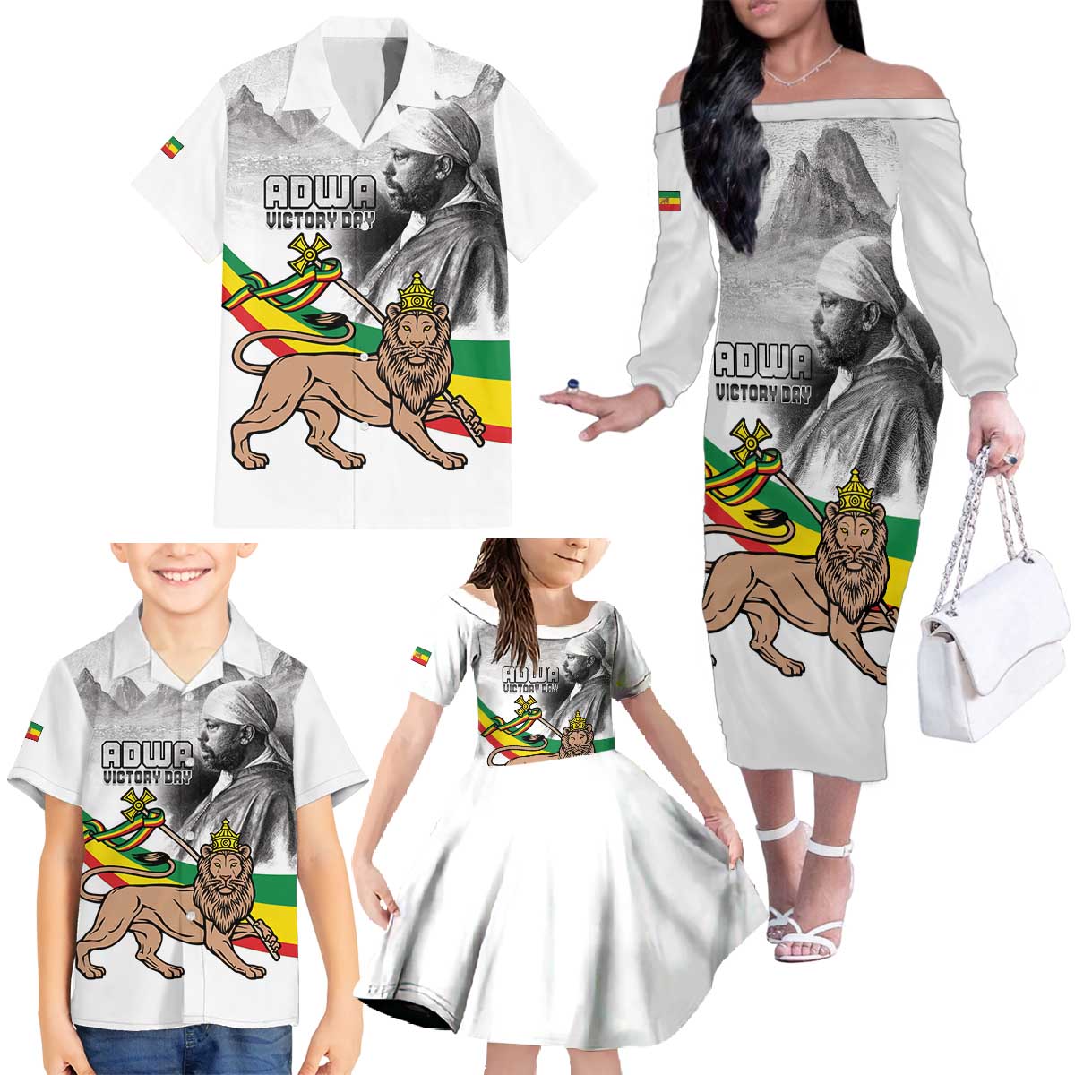 Adwa Victory Day Family Matching Off The Shoulder Long Sleeve Dress and Hawaiian Shirt Menelik II and Mount Soloda - Lion Of Judah