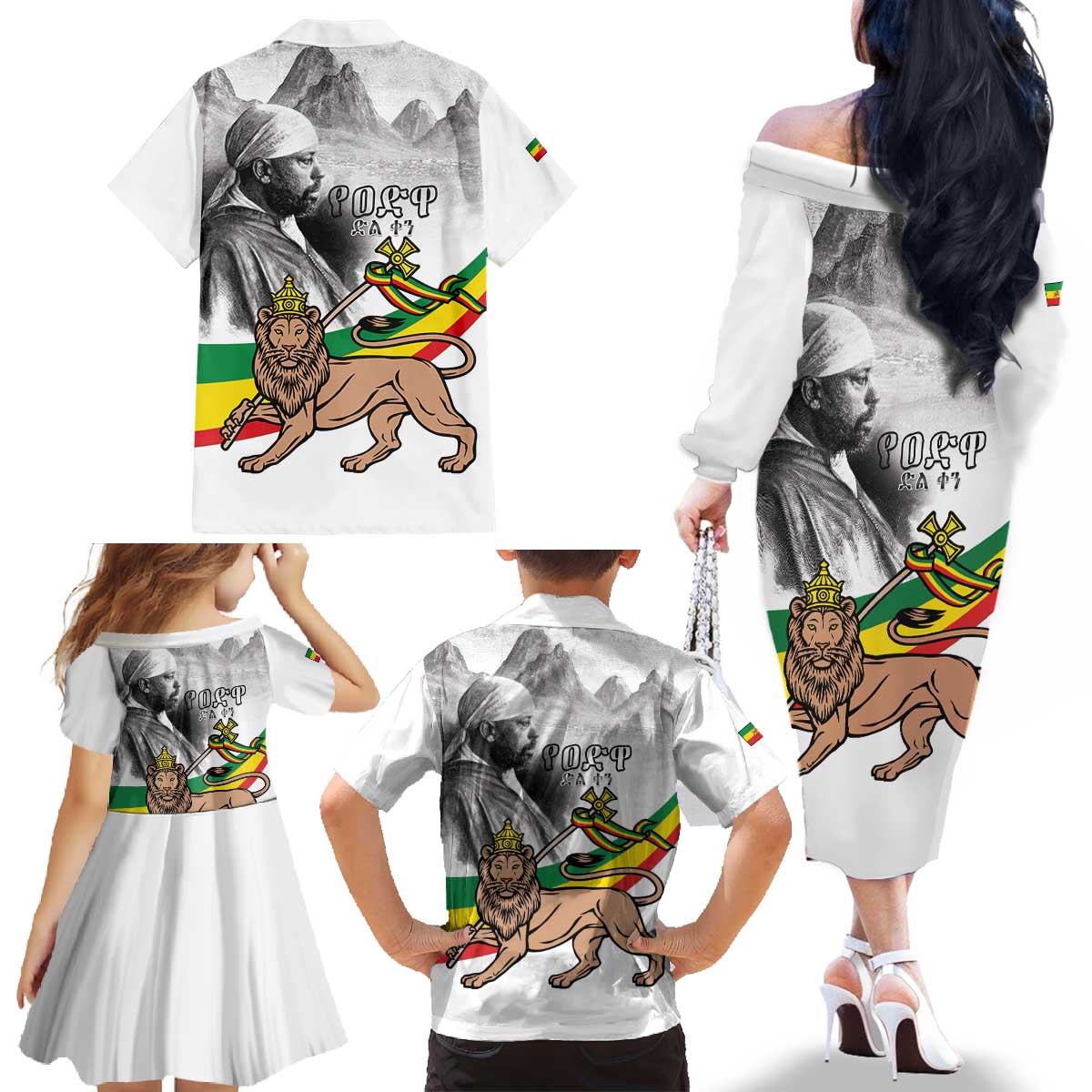 Adwa Victory Day Family Matching Off The Shoulder Long Sleeve Dress and Hawaiian Shirt Menelik II and Mount Soloda - Lion Of Judah