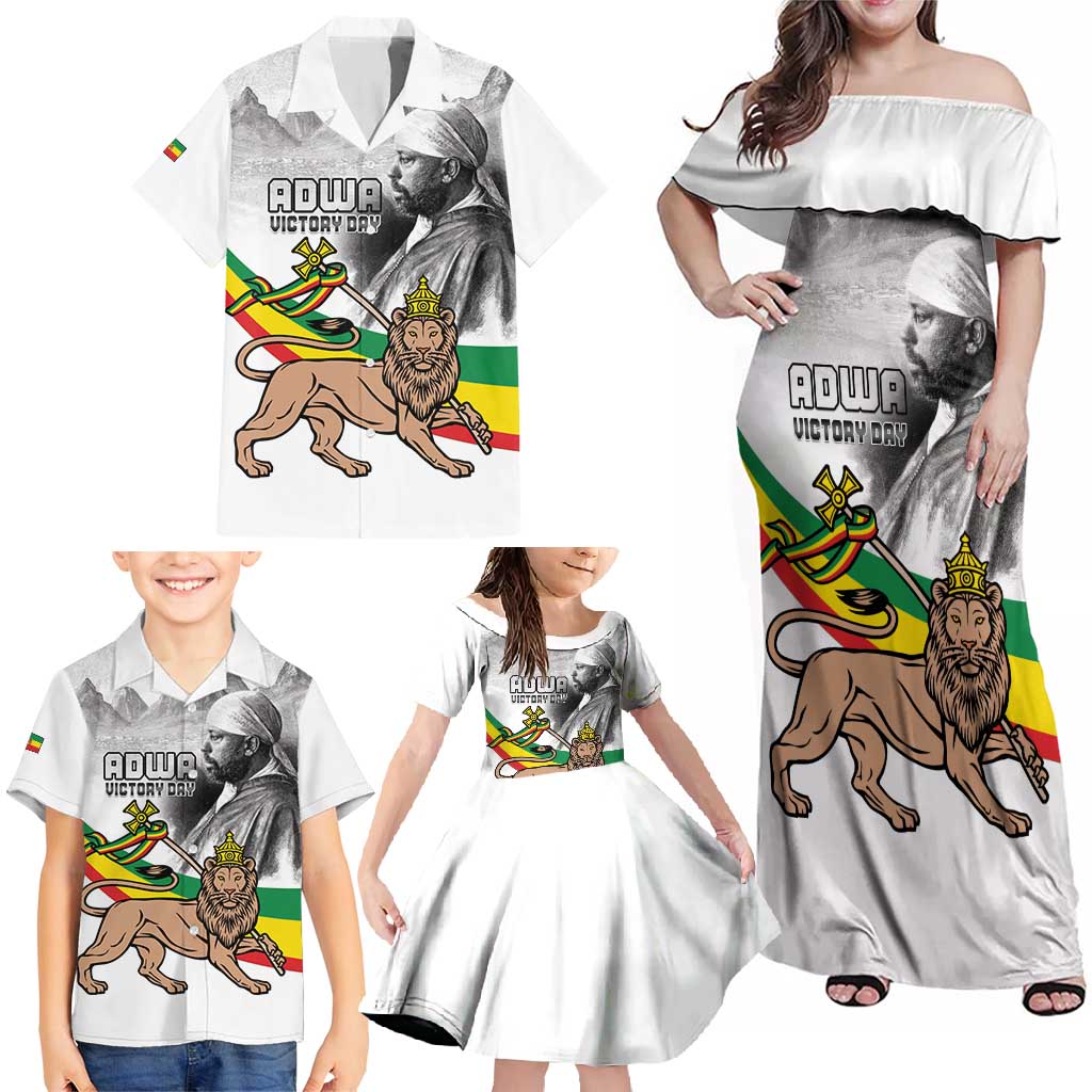 Adwa Victory Day Family Matching Off Shoulder Maxi Dress and Hawaiian Shirt Menelik II and Mount Soloda - Lion Of Judah