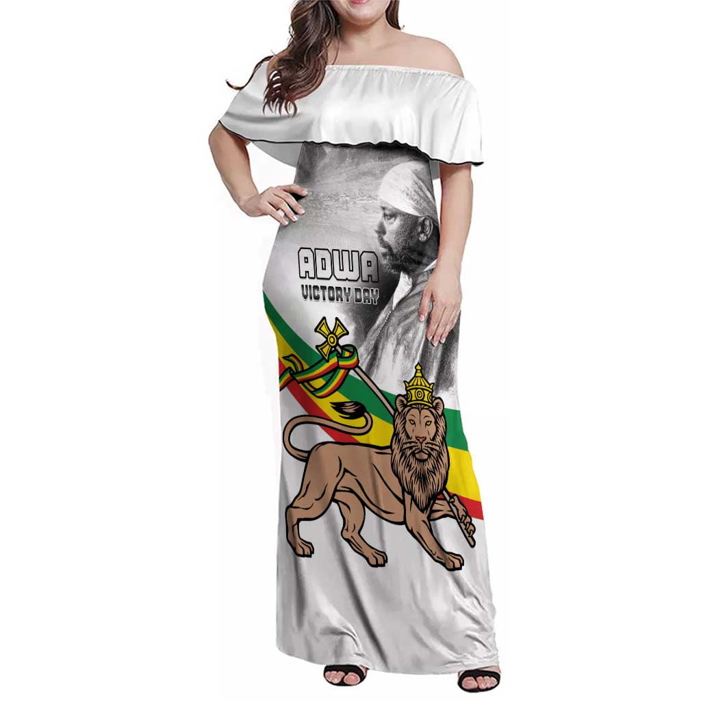 Adwa Victory Day Family Matching Off Shoulder Maxi Dress and Hawaiian Shirt Menelik II and Mount Soloda - Lion Of Judah