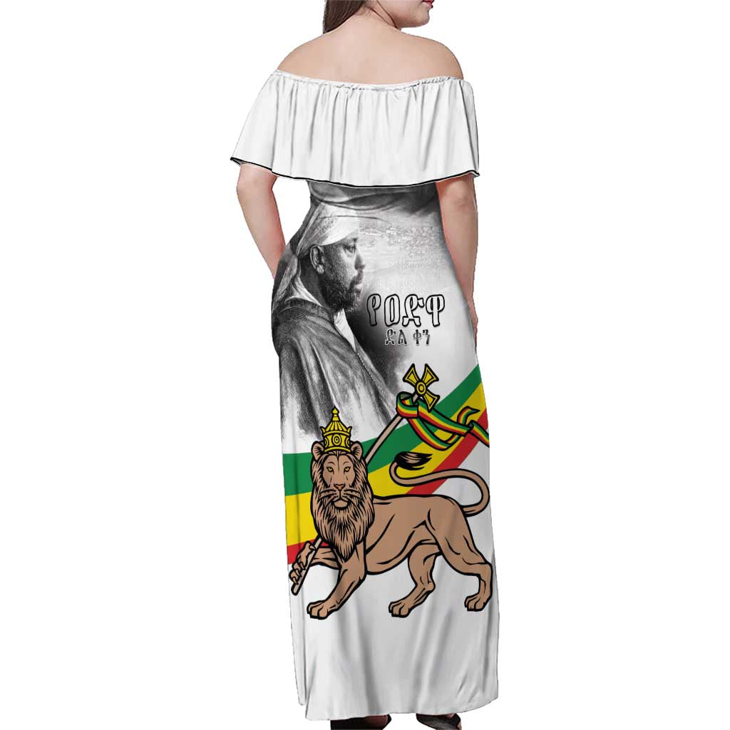 Adwa Victory Day Family Matching Off Shoulder Maxi Dress and Hawaiian Shirt Menelik II and Mount Soloda - Lion Of Judah